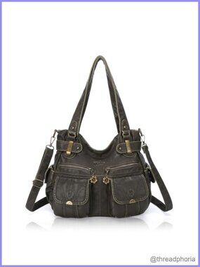 Designer Handbag Large Double Zipper Multi Pocket Washed Leather Purse